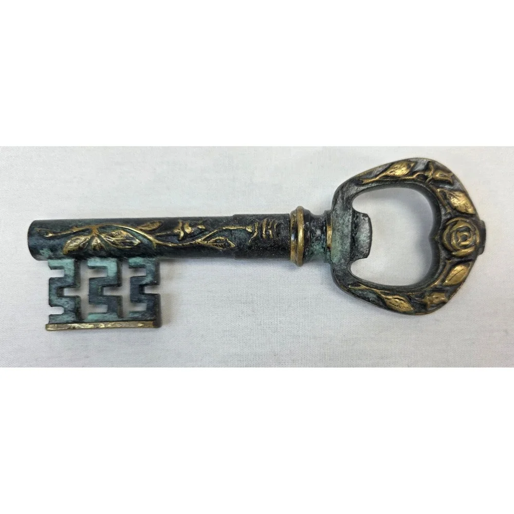 Vintage Skeleton Key Corkscrew Bottle Opener Verdigris Rose Embossed Bar Tool